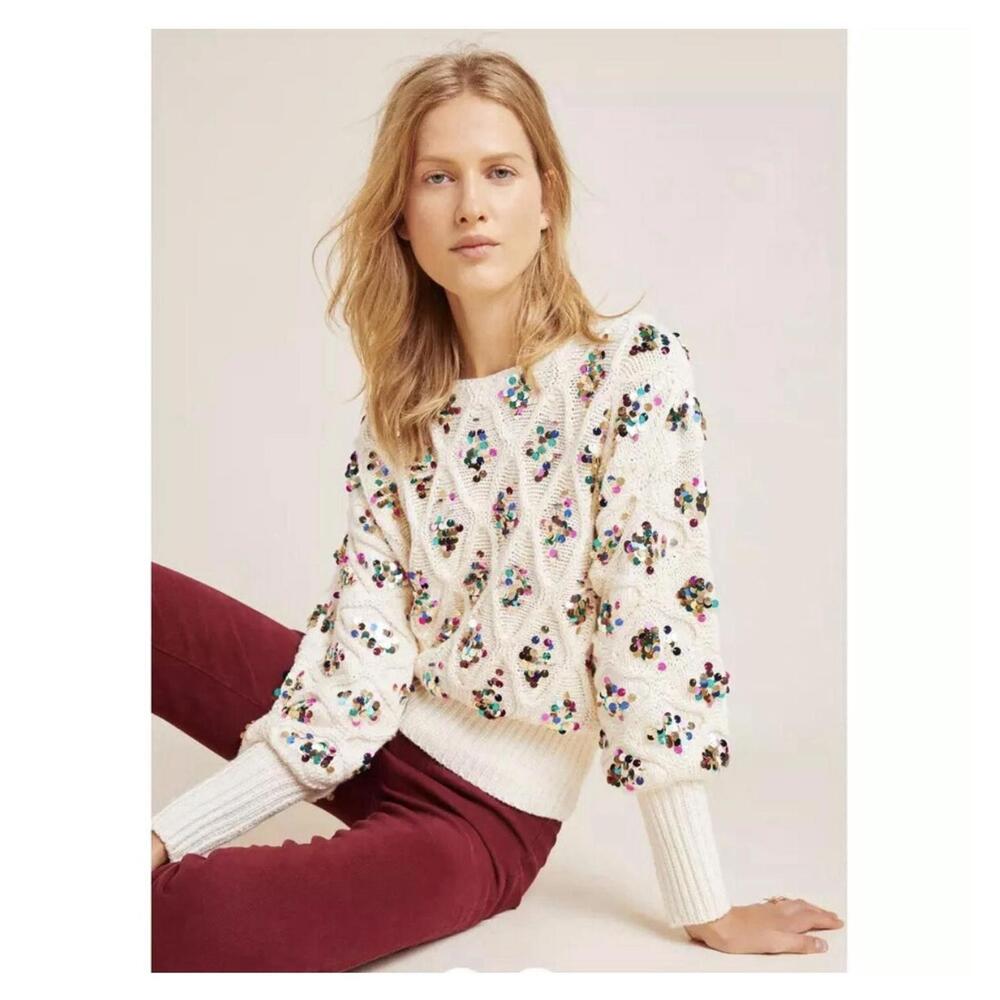 NWT$298 Anthropologie Lara Cream Multi Color Sequin Chunky Knit Sweater